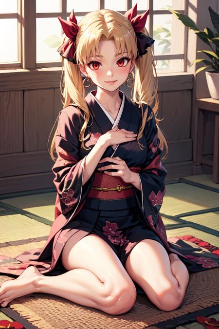 17576-4253438831-masterpiece, best quality, absurdres, Ereshkigal, two side up, hair ribbon, indoors, kimono, hair flower, floral print, wariza,.png